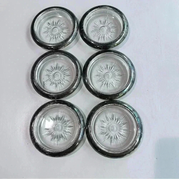 Leonard Crystal Sterling Silver Plated Ring Glass Ashtray/6 Coaster Italy Antiqe - Picture 1 of 5